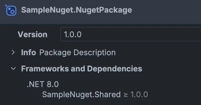 NuGet package manager showing the package with NuGet dependencies